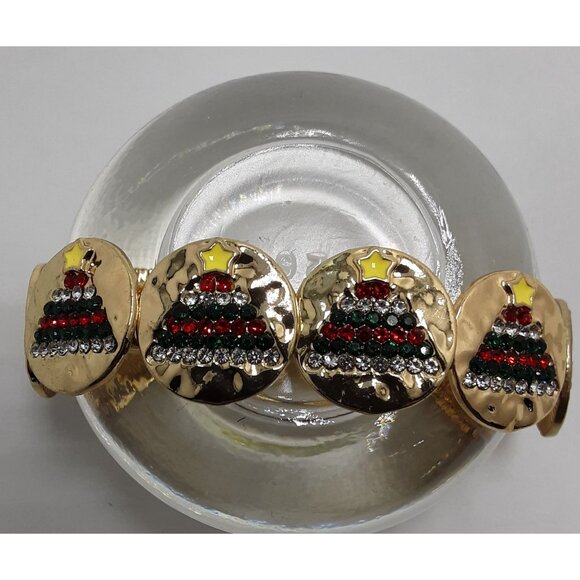 Rhinestone Christmas Tree Bracelet Gold Tone Stretch New - Picture 2 of 3